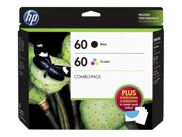 HP 60 (D8J23FN) 2-pack Black/Tri-color Original Ink Cartridges w/Photo Pape