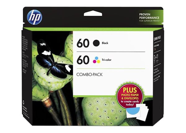 HP 60 (D8J23FN) 2-pack Black/Tri-color Original Ink Cartridges w/Photo Pape