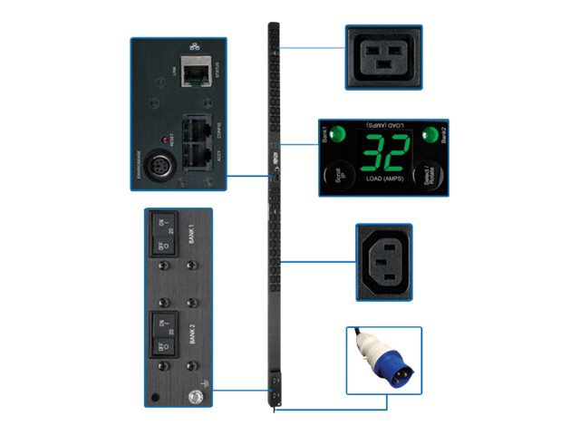 Tripp Lite PDU Monitored 230V 32A 7.4kW 36 C13; 6 C19 IEC-309 Vertical 0URM