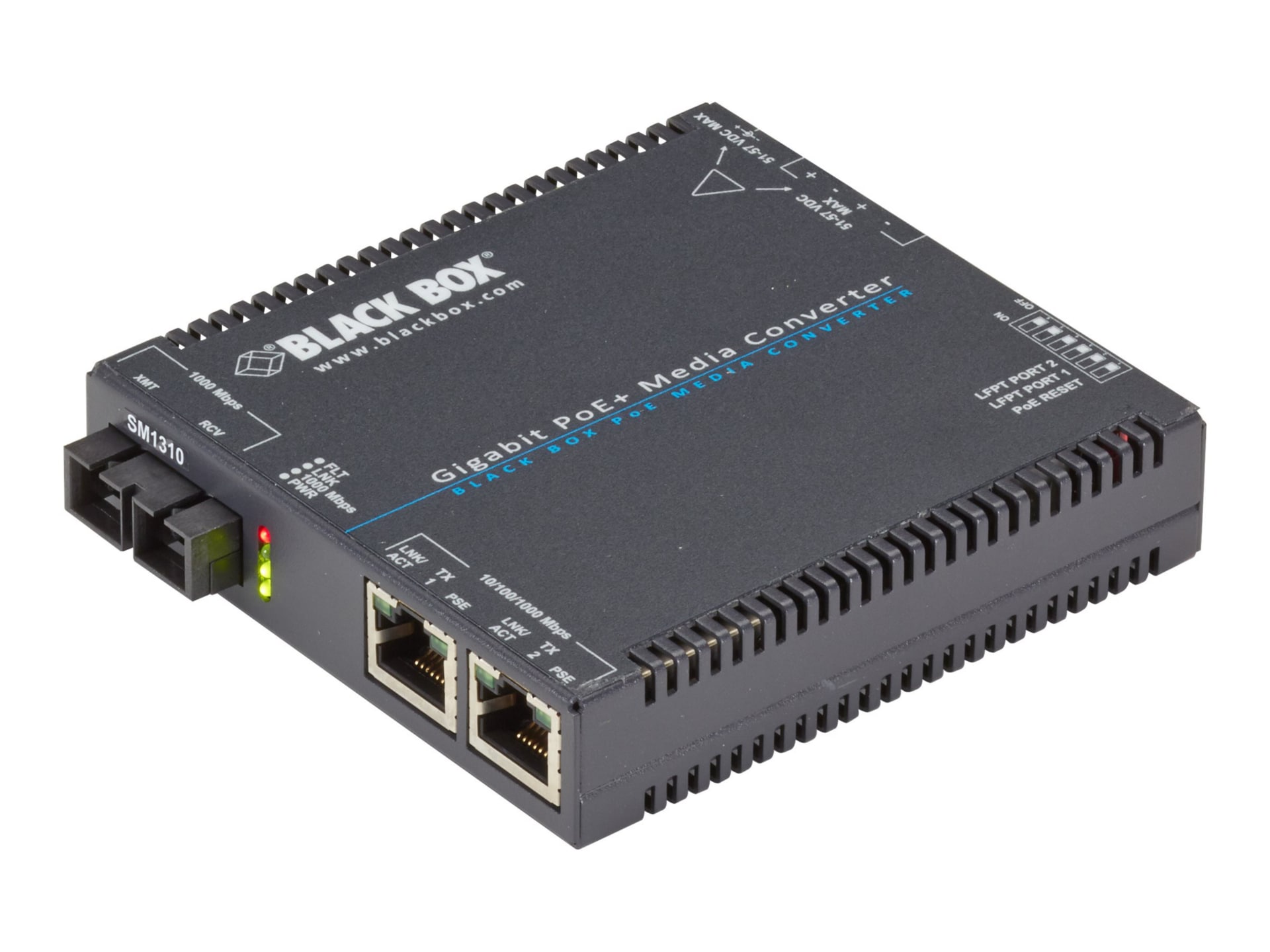 Black Box Media Converter Gigabit Ethernet PoE+ SIngle-Mode, 1310-nm, SC - fiber media converter - 10Mb LAN, 100Mb LAN,