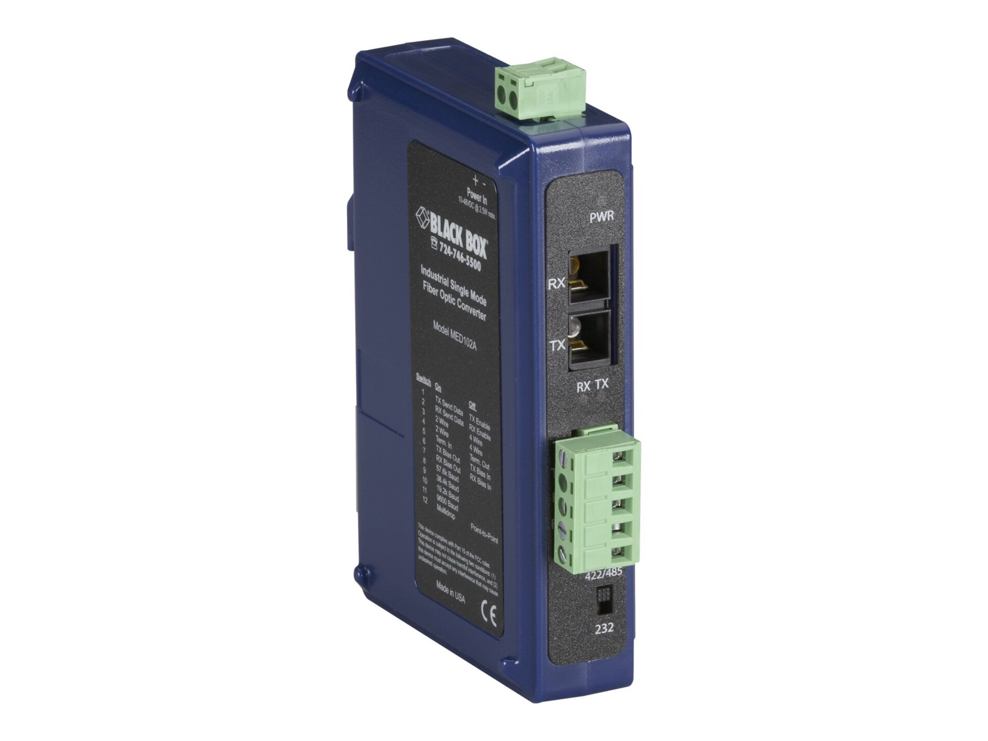 Black Box Industrial DIN Rail RS-232/RS-422/RS-485-Fiber Driver - short-hau