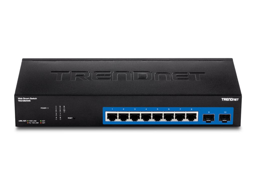TRENDnet 10-Port Gigabit Web Smart Switch; 20 Gbps Switching Capacity; 8 x RJ-45 Ports; 2 x SFP; Slots; VLAN; QoS; LACP;