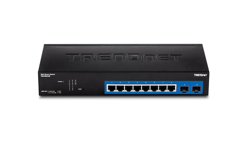 TRENDnet 10-Port Gigabit Web Smart Switch; 20 Gbps Switching Capacity; 8 x RJ-45 Ports; 2 x SFP; Slots; VLAN; QoS; LACP;