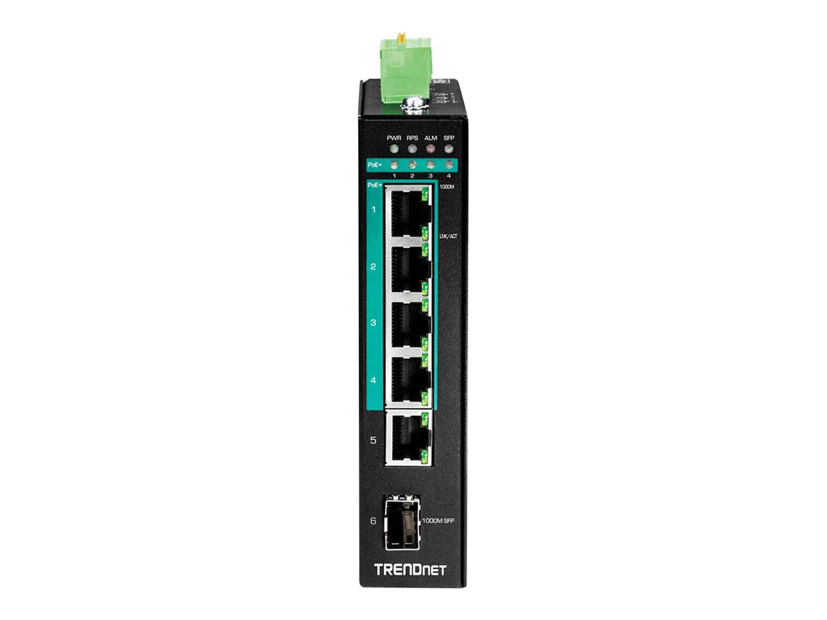 TRENDnet 5-Port Hardened Industrial Gigabit PoE+ DIN-Rail Switch, 120W Power Budget, 1 x SFP Slot, IP30 Rated, Unmanaged