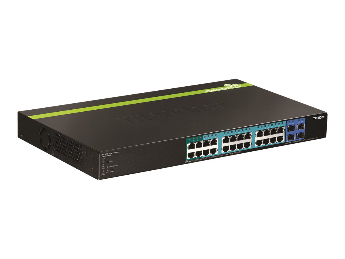 TRENDnet 28-Port Gigabit Web Smart PoE+ Switch, 24 x Gigabit Ports, 4 x Shared Gigabit Ports (RJ-45 or SFP), 185W PoE