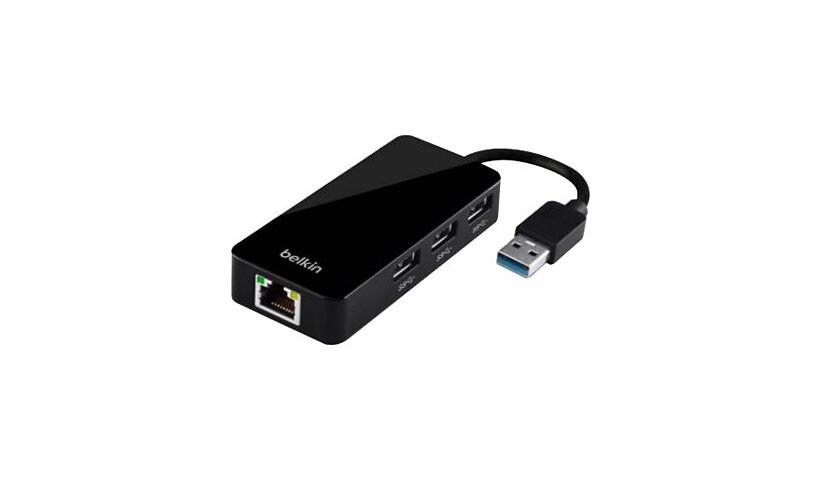 Belkin USB 3.0 3-Port Hub with Gigabit Ethernet Adapter - hub - 3 ports