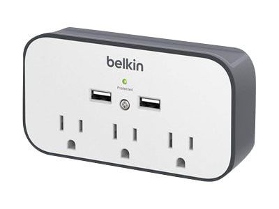 Belkin 3-Outlet Mini Surge Protector - Wall Mount - Straight Plug - 540J - 2xUSB-A - w/ Cradle - White/Grey