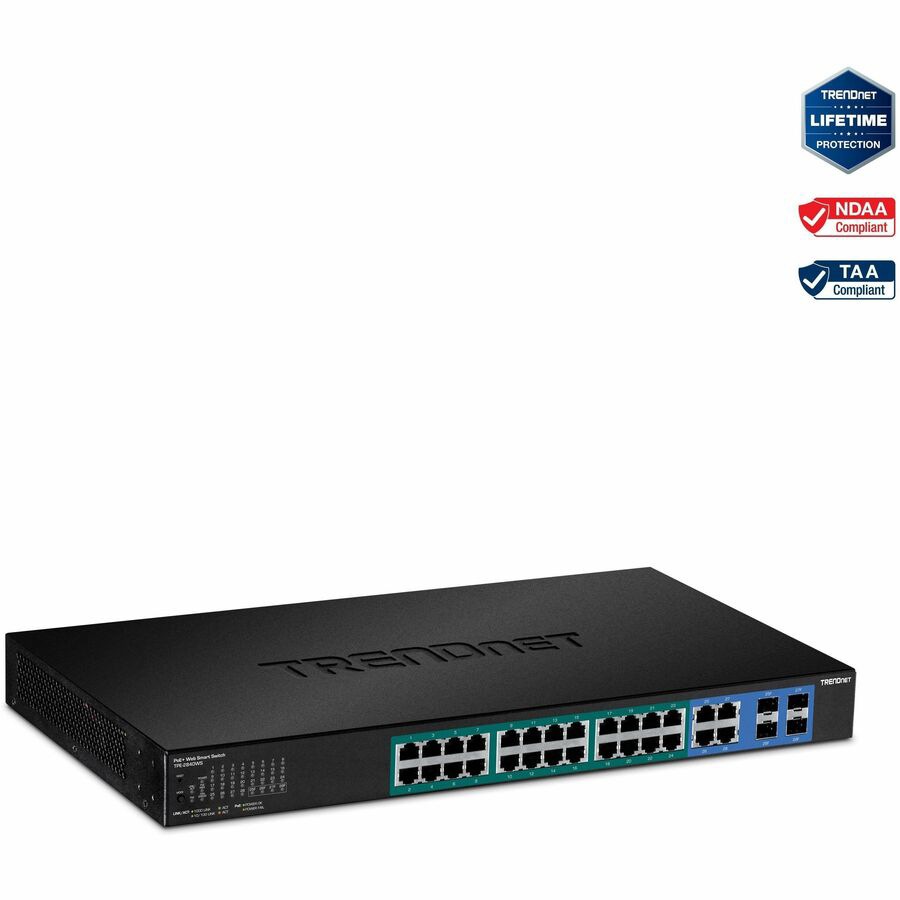 TRENDnet 28-Port Gigabit Web Smart PoE+ Switch, 24 x Gigabit Ports, 4 x Shared Gigabit Ports (RJ-45 or SFP), 185W PoE