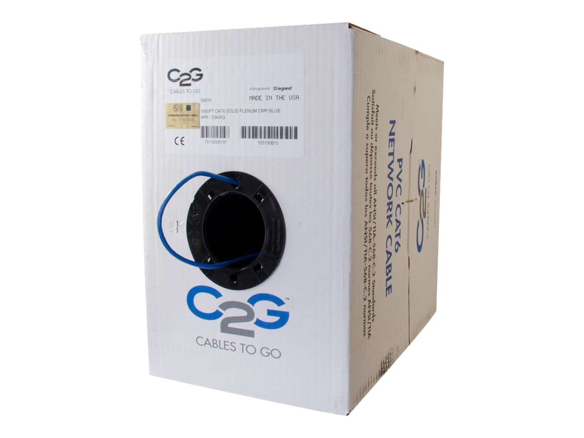 C2G 1000ft Cat6 Bulk Unshielded (UTP) Ethernet Cable with Solid Conductors - Plenum CMP Rated - Blue