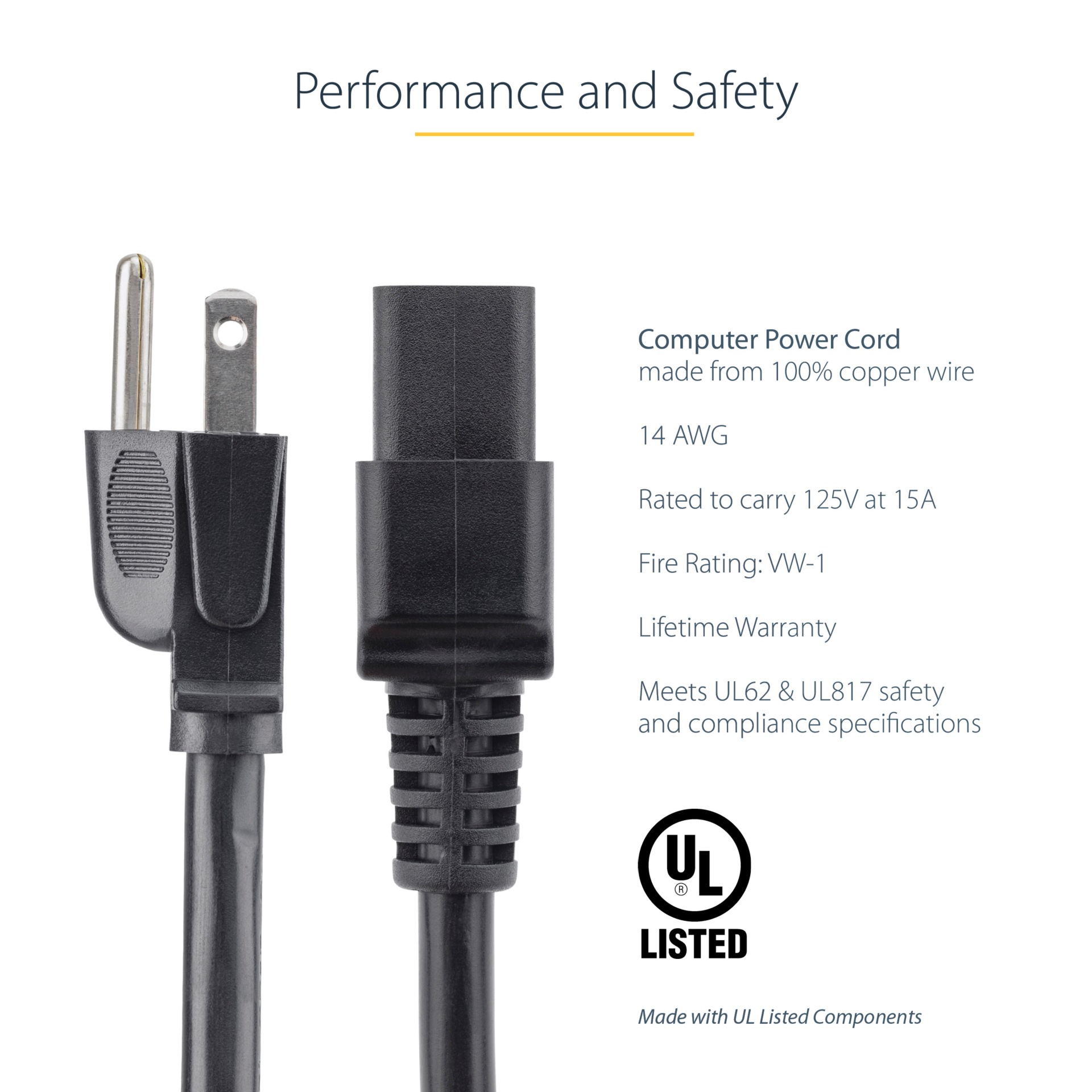 Thumbnail 2 of 7 for StarTech.com 6ft (1.8m) Heavy Duty Power Cord, NEMA 5-15P to C19, 15A 125V, 14AWG, Computer Power Cord, Heavy Gauge