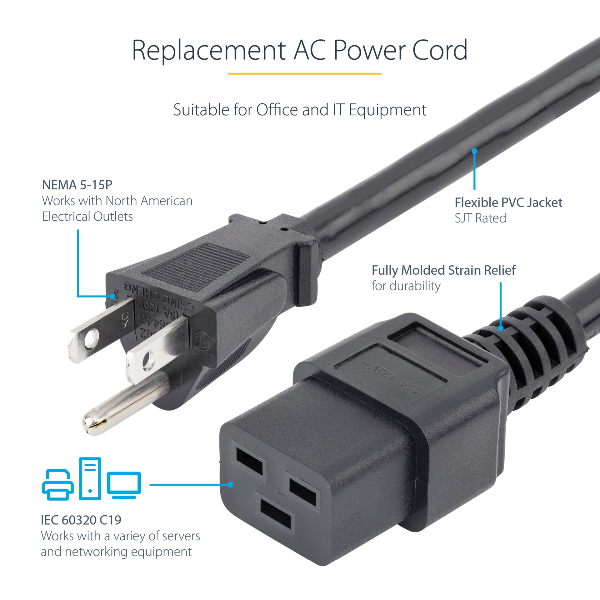 Thumbnail 3 of 7 for StarTech.com 6ft (1.8m) Heavy Duty Power Cord, NEMA 5-15P to C19, 15A 125V, 14AWG, Computer Power Cord, Heavy Gauge