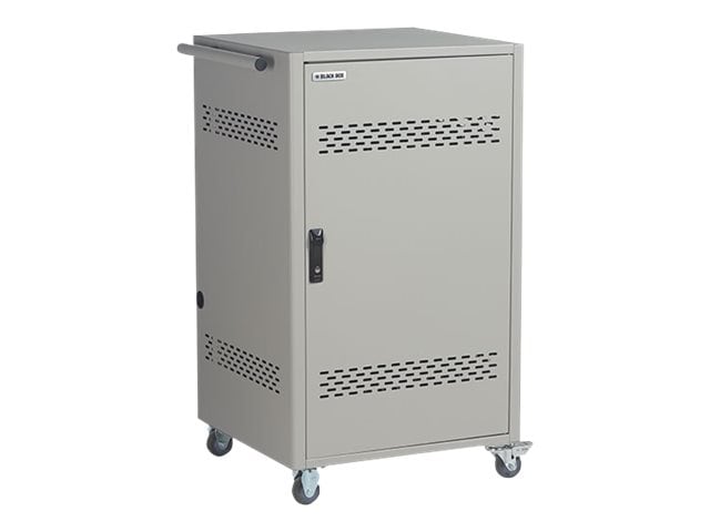 Black Box Steel Top, Fixed Shelves, Hinged Door, Front Cable Management Bars and 4-Bank Timer - cart