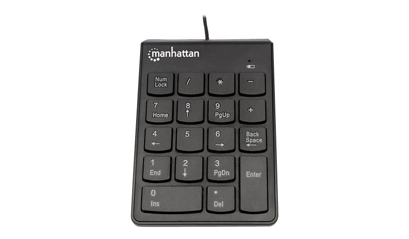 Manhattan Numeric Keypad, Wired, USB-A, 18 Full Size Keys, Black, Membrane Key Switches, Windows and Mac, Three Year