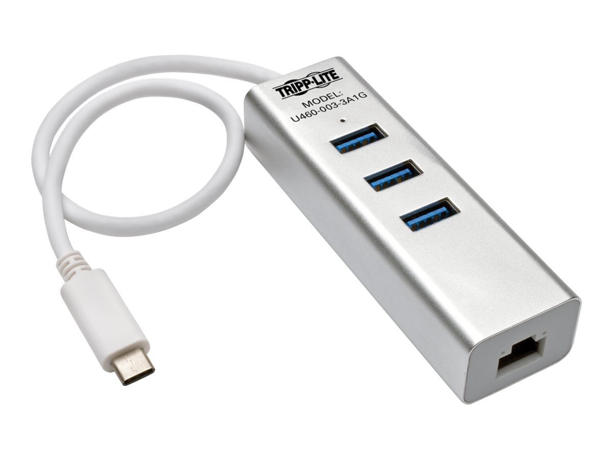 Main image 1 for Eaton Tripp Lite Series 3-Port USB 3.x (5Gbps) Hub with LAN Port, USB-C to 3x USB-A Ports and Gigabit Ethernet, Silver