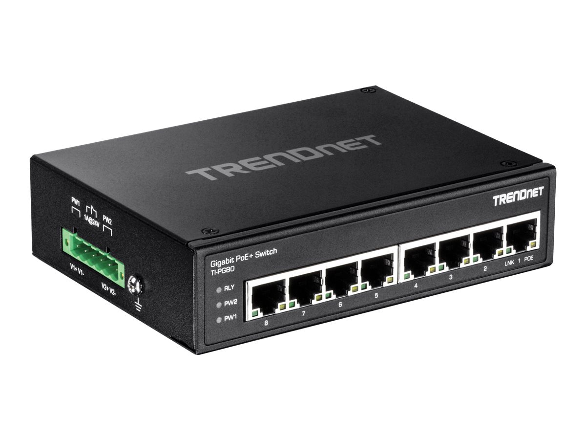 TRENDnet 8-Port Hardened Industrial Unmanaged Gigabit PoE+ DIN-Rail Switch, 200W Full PoE+ Power Budget, 16 Gbps