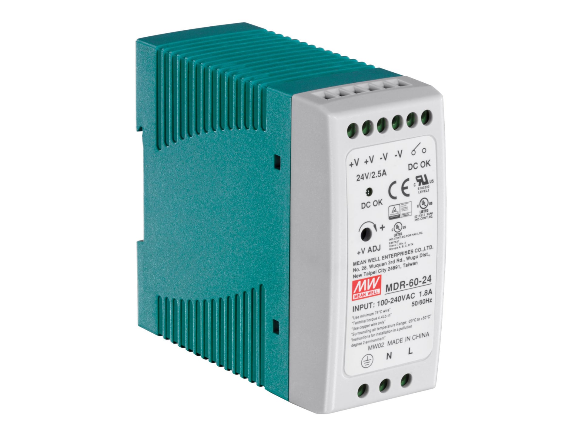 TRENDnet 60 W Single Output Industrial DIN-Rail Power Supply, Universal AC Input, Extreme -20 to 70 °C (-4 to 158 °F)