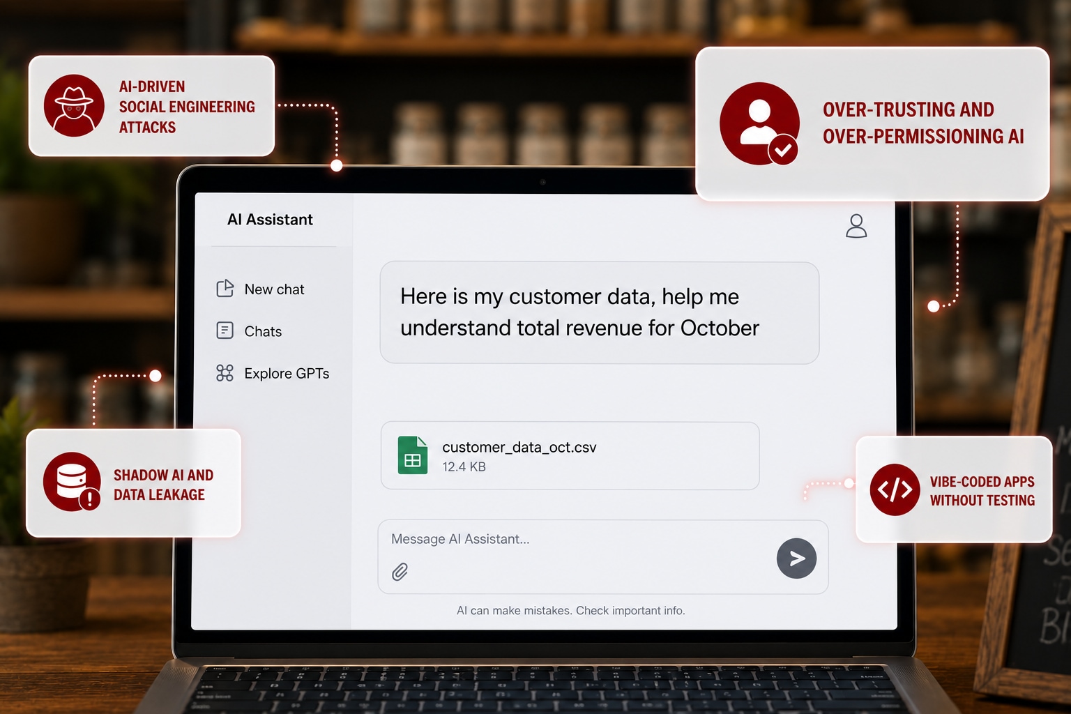 A laptop screen displays an AI assistant interface in a warm café setting, showing a user sharing customer data and asking about total revenue for October. A file named "customer_data_oct.csv" with a size of 12.4 KB is visible in the chat window. Red callout bubbles highlight risks such as AI-driven social engineering attacks, over-trusting and over-permissioning AI, shadow AI and data leakage, and vibe-coded apps without testing. The background is softly blurred, emphasizing the device and the security warnings on the screen.