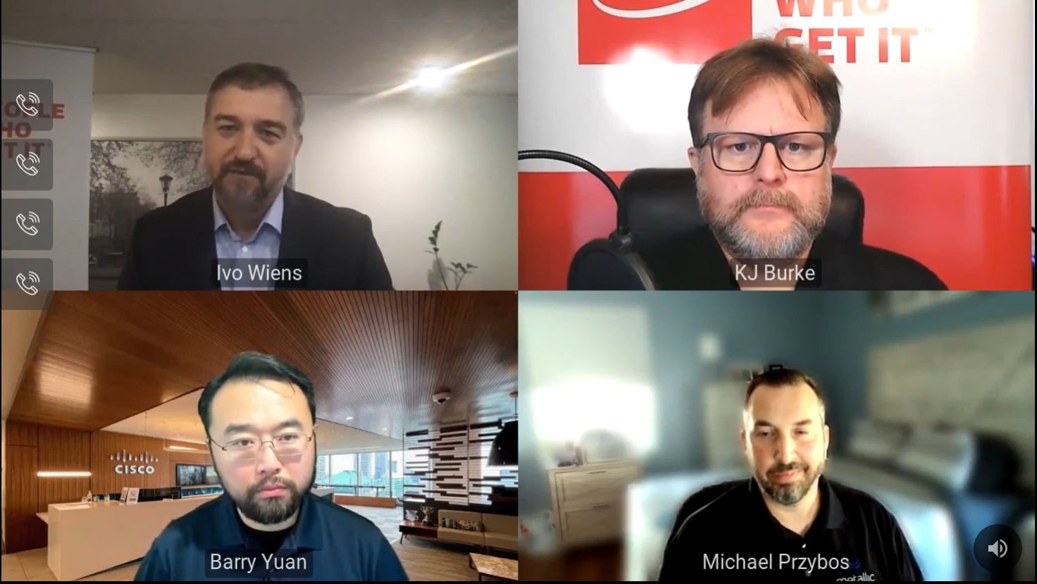 Screenshot of a video call screen with 4 people discussing the topic of Cyber Security