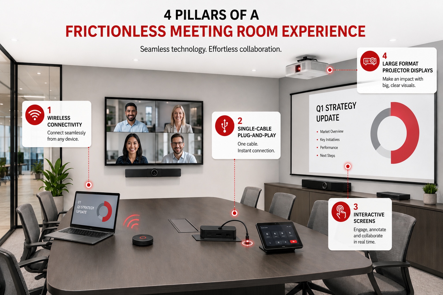 A contemporary conference room is equipped with multiple digital collaboration tools and a large wall display. The main screen shows a video conference with four participants and a slide titled "4 Pillars of a Frictionless Meeting Room Experience." Callouts highlight wireless connectivity, single-cable plug-and-play, interactive screens, and large format projector displays. A laptop, speakerphone, and touch control panel sit on the table, emphasizing seamless technology and effortless collaboration. The space features glass walls, neutral decor, and a professional business environment.