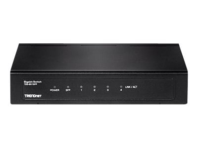 TRENDnet 4-Port Gigabit Switch With SFP Slot, 10 Gbps Switching Capacity, Fanless, 802.1p QoS, Rear Facing Ports, Metal