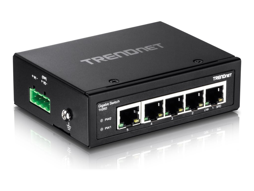 Thumbnail 2 of 12 for TRENDnet 5-Port Hardened Industrial Gigabit DIN-Rail Switch, TI-G50, 10 Gbps, IP50 Rated, Ethernet Splitter, NDAA & TAA