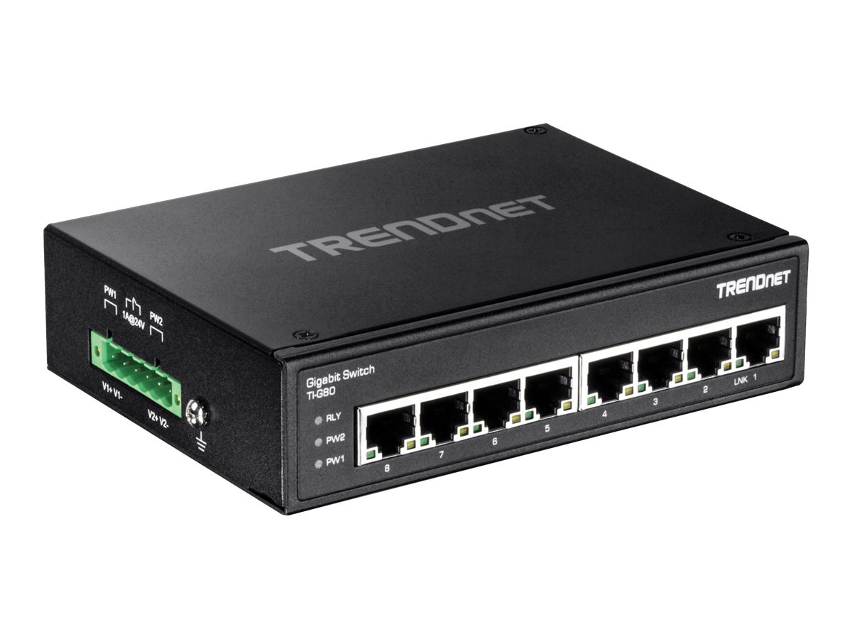 TRENDnet 8-Port Hardened Industrial Gigabit DIN-Rail Switch, 16 Gbps Switching Capacity, IP30 Rated Metal Housing (-40