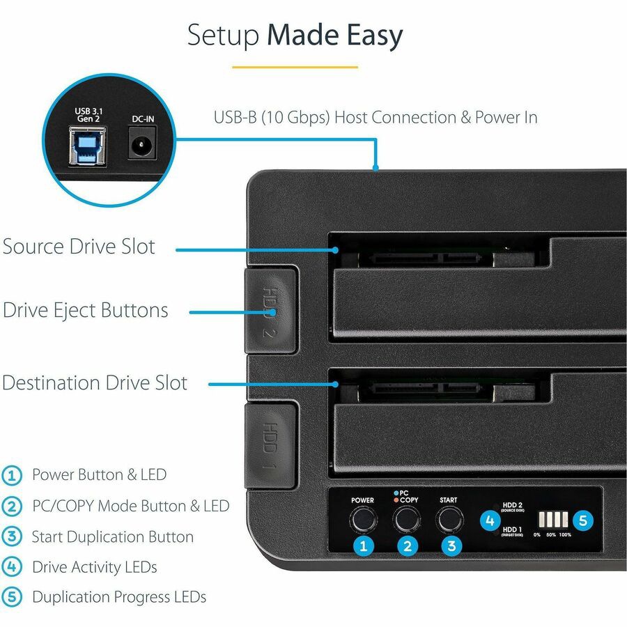 Thumbnail 4 of 6 for StarTech.com Standalone Hard Drive Duplicator, External Dual Bay HDD/SSD Cloner/Copier, USB 3.1 to SATA Drive Docking
