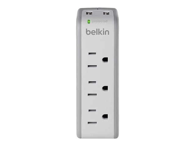 Belkin 3-Outlet Mini Surge Protector - Wall Mount - Rotating Plug - 918J - 2xUSB-A - White/Grey