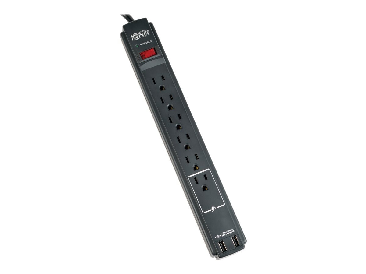 Barre d’alimentation Tripp Lite à limiteur de surtension, 6 prises et 2 ports de recharge USB, noire