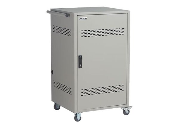 Black Box Standard Intelligent Charging Cart Steel Top, Fixed Shelves, Hinged Door, Front Cable Management Bars - cart