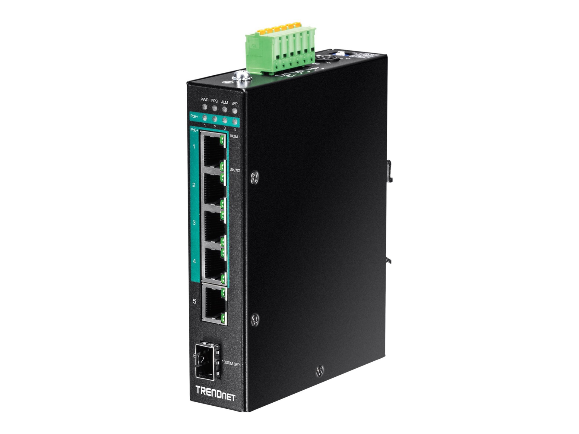TRENDnet 6-Port Hardened Industrial Gigabit Poe+ Layer 2 Managed DIN-Rail Switch, 4 x Gigabit PoE+ 802.3at Ports, 1 x