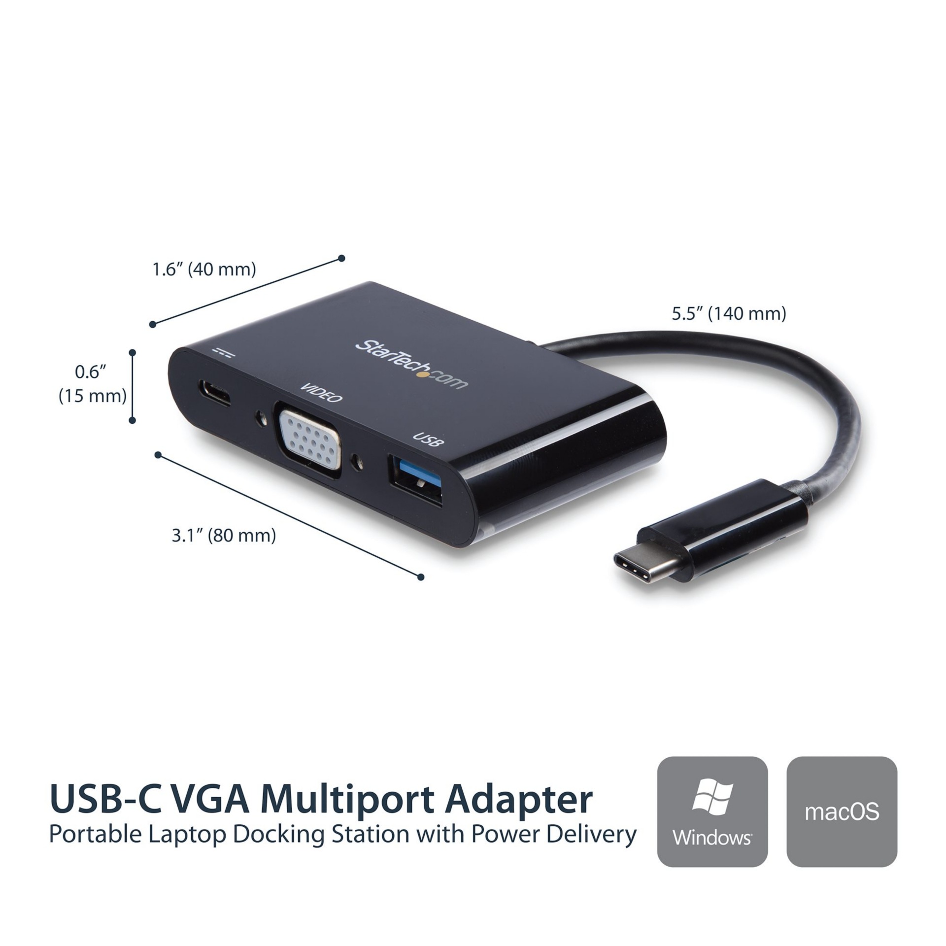 Thumbnail 2 of 6 for StarTech.com USB-C VGA Multiport Adapter - USB-A Port - with Power Delivery (USB PD) - USB C Adapter Converter - USB C