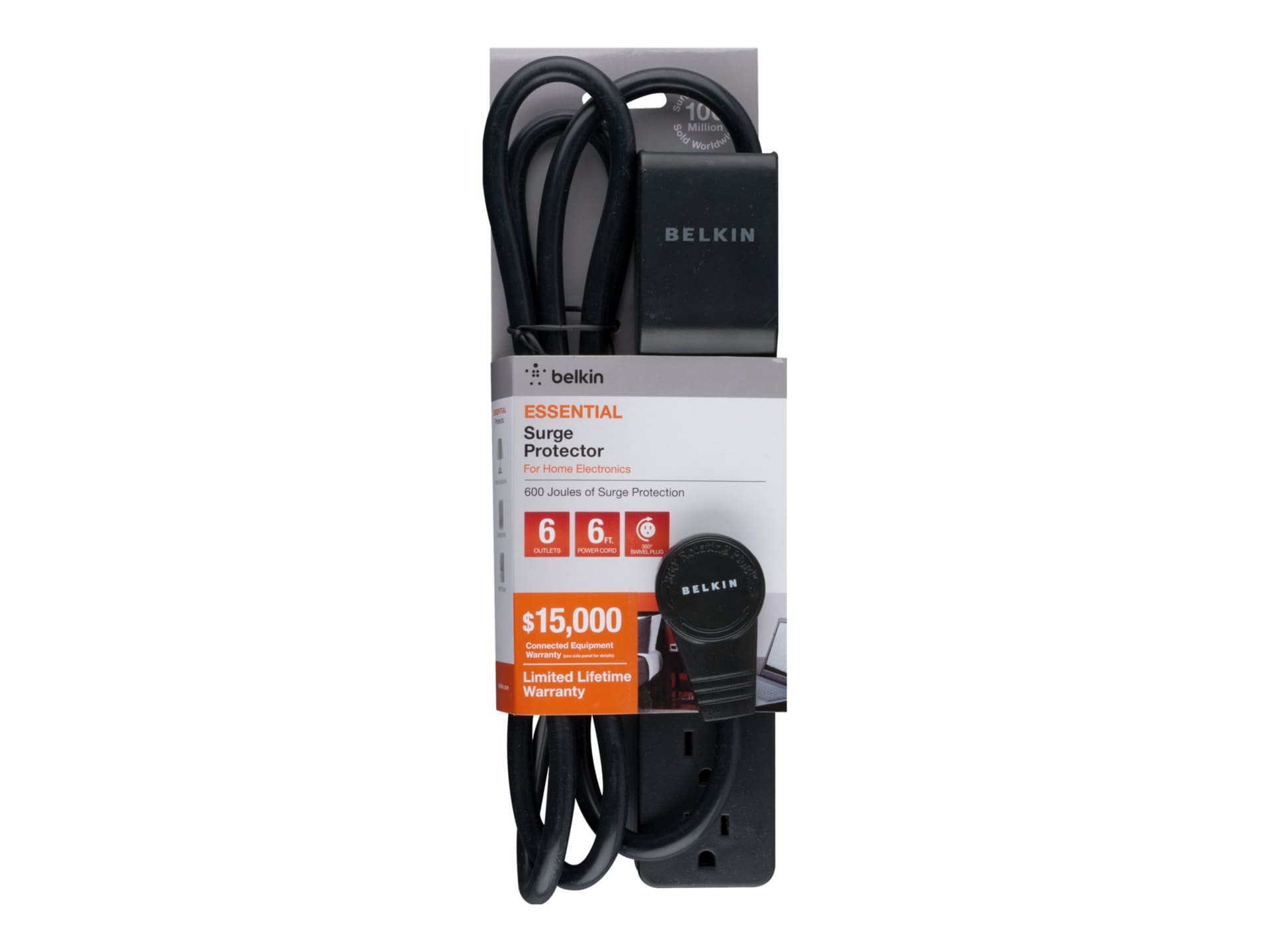 Belkin 6-Outlet Surge Protector with 6ft Cord & Rotating AC Plug- 600J - Black