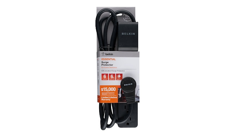 Belkin 6-Outlet Surge Protector with 6ft Cord & Rotating AC Plug- 600J - Black