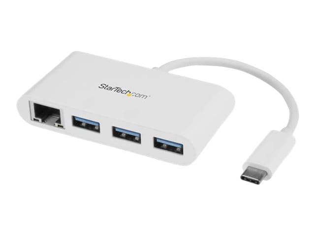 StarTech.com 3 Port USB C Hub with Gigabit Ethernet - USB-C to 3x USB-A - USB 3.0 - White - USB Hub with GbE - USB-C to