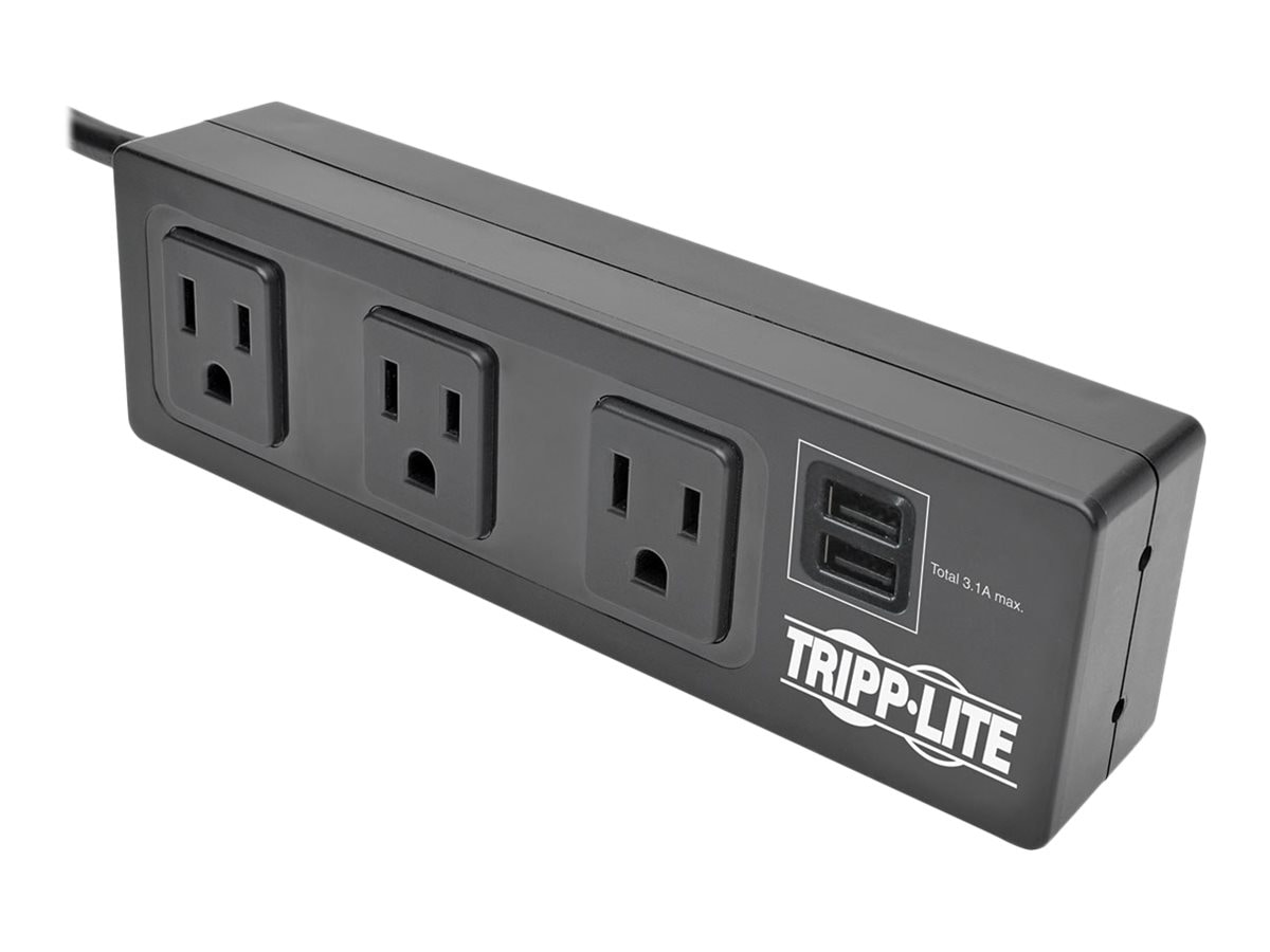 Tripp Lite 3-Outlet Surge Protector Power Strip w/2-Port USB Charging Black