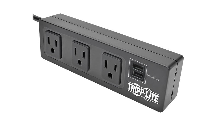 Tripp Lite Protect It! 3-Outlet Surge Protector with Mounting Brackets, 10 ft. Cord, 510 Joules, 2 USB Charging Ports,