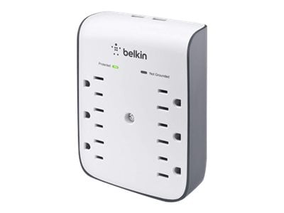 Belkin 6-Outlet Surge Protector - Wall Mount - Straight Plug - 900J - 2xUSB-A - White/Grey