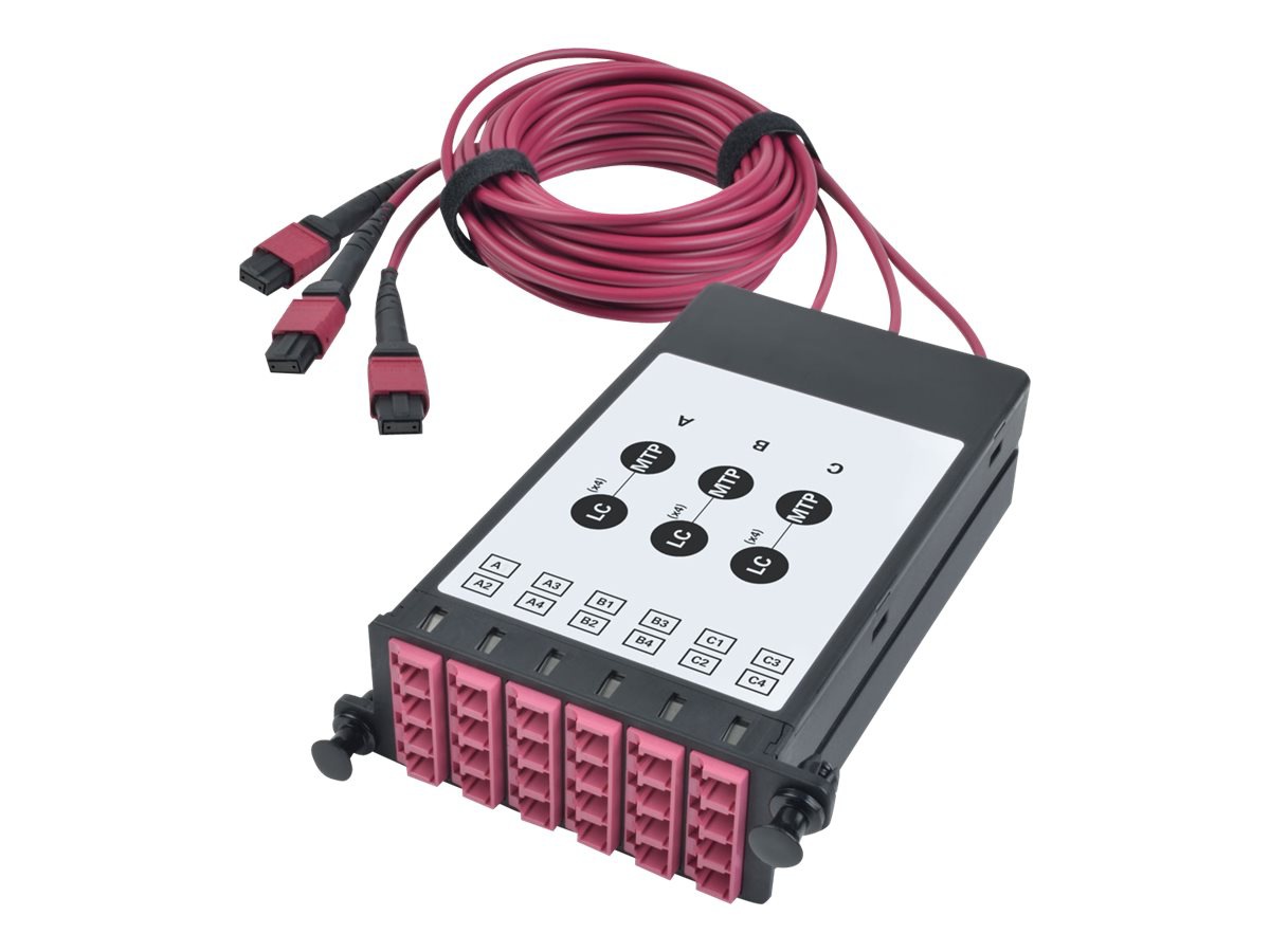 Tripp Lite OM4 Fiber Breakout Cassette w/Built-In MTP Cables, 40 GB to 10 GB, (x3) 8-Fiber OM4 MTP/MPO to (x12) LC