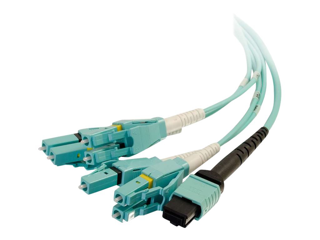 C2G 3m MPO to 4 Duplex LC Fiber Breakout Cable OM3 Riser Rated (OFNR) - Aqu