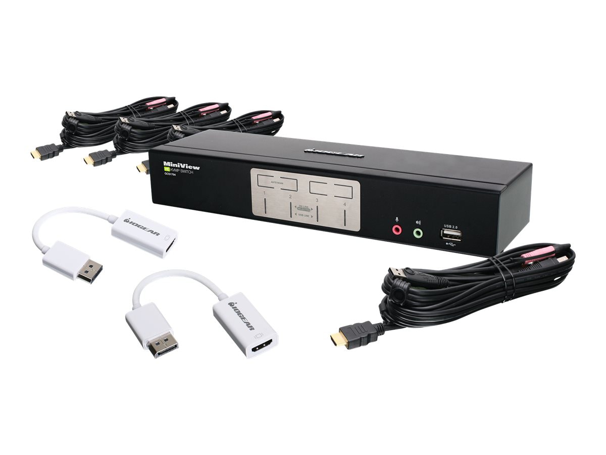 IOGEAR 4-Port HDMI KVMP with DisplayPort Adapters Bundle