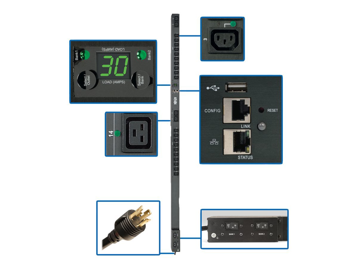 Tripp Lite 5/5.8kW Single-Phase Switched PDU, Outlet Monitoring, 208/240V Outlets (20 C13 & 4 C19), 0U, LX Platform