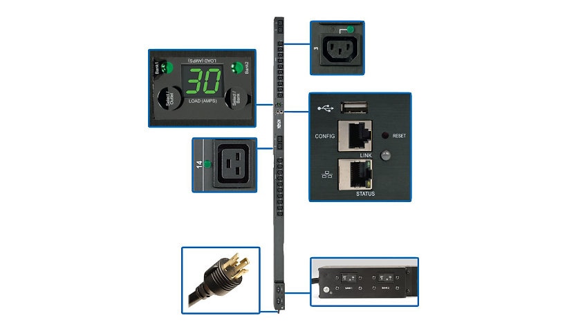 Tripp Lite 5/5.8kW Single-Phase Switched PDU, Outlet Monitoring, 208/240V Outlets (20 C13 & 4 C19), 0U, LX Platform