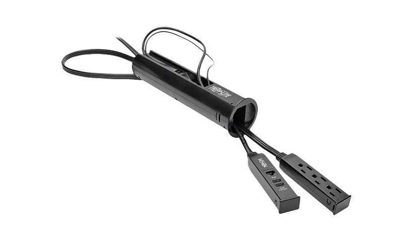 Tripp Lite 3-Outlet Desktop-Grommet Surge Protector, 10 ft. Cord, 900 Joules, 2 USB Charging Ports, RJ45, Black Housing