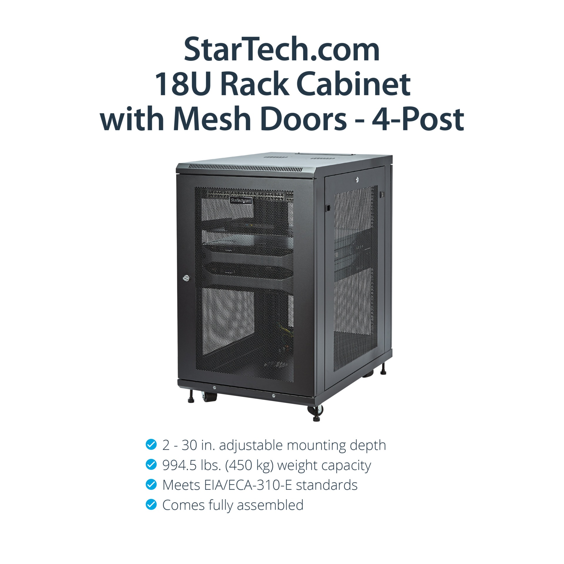 Thumbnail 2 of 6 for StarTech.com 4-Post 18U Server Rack Cabinet, 19" Data Rack Cabinet for Computer / IT Equipment, Half-Height Network Rack