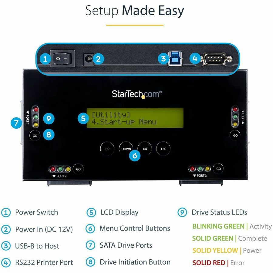 Thumbnail 2 of 9 for StarTech.com 4 Bay SSD/HDD Hard Drive Eraser, 2.5/3.5" SATA, Standalone Wiper, Disk Sanitizer, Hardware Wiper TAA