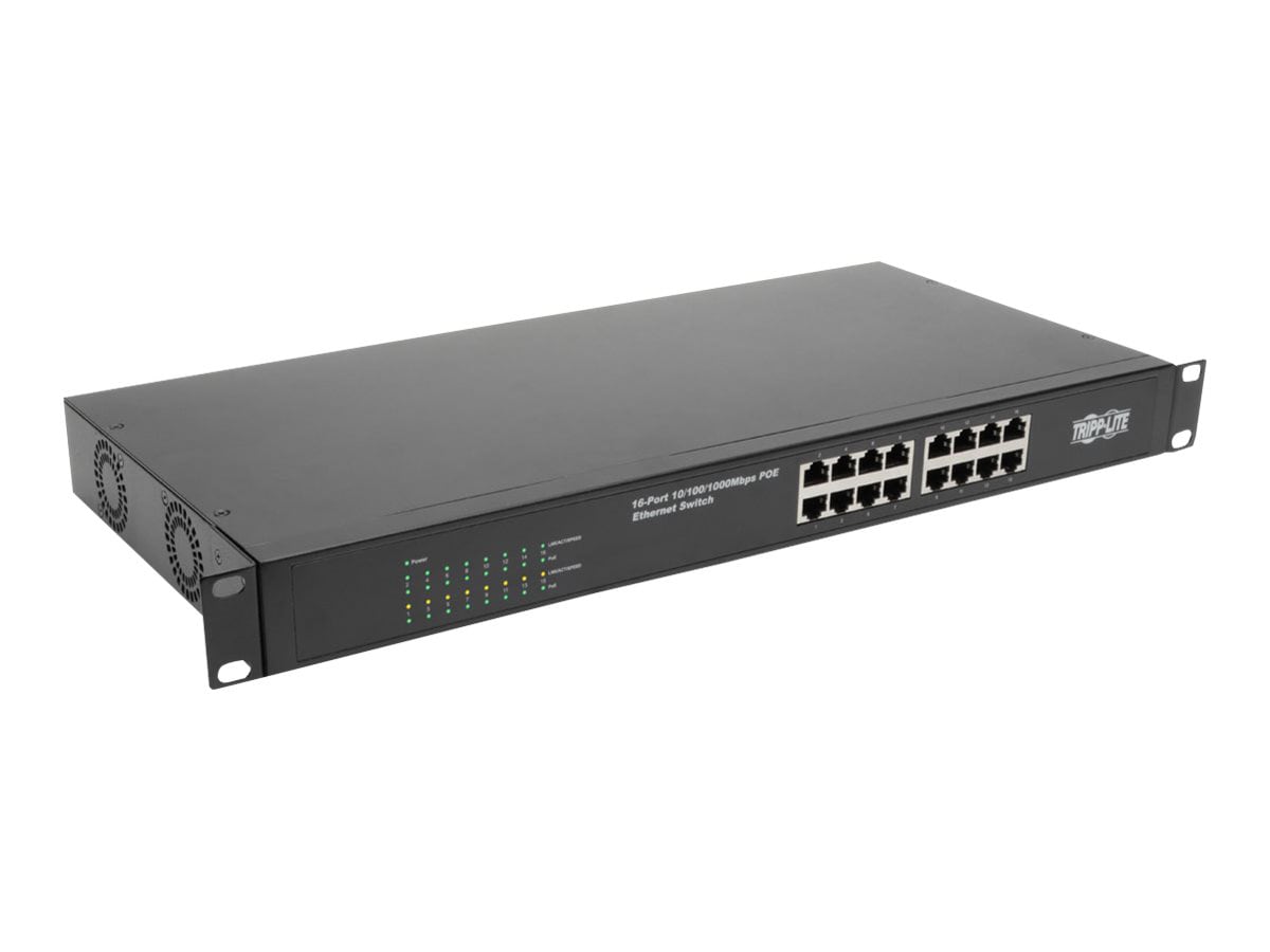 Tripp Lite 16-Port 10/100/1000 Mbps 1U Rack-Mount/Desktop Gigabit Ethernet Unmanaged Switch with PoE+, 230W, Metal