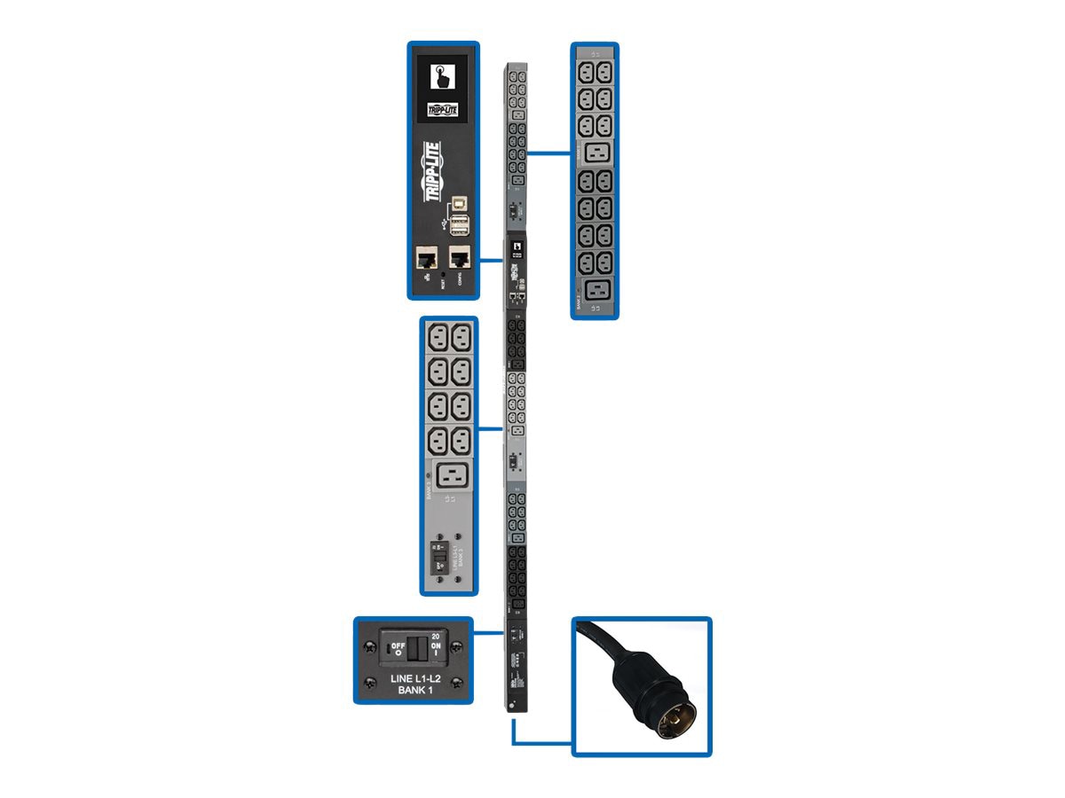 Tripp Lite 14.5kW 3-Phase Monitored PDU LX Interface, 200/208/240V Outlets (42 C13/6 C19), LCD, Hubbell CS8365C, 1.8m/6