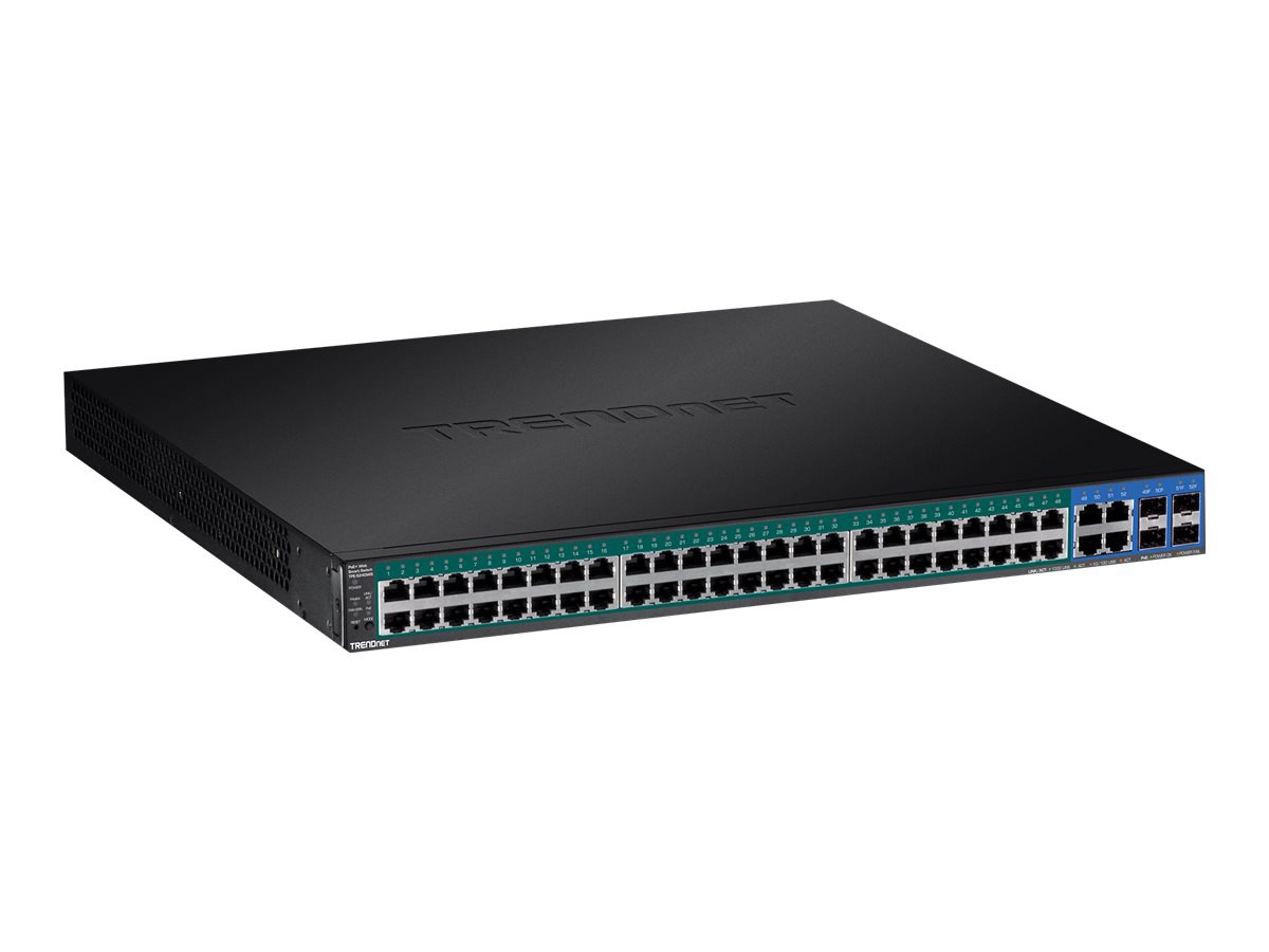 TRENDnet 52-Port Gigabit Web Smart PoE+ Switch, 48 Gigabit PoE+ Ports, 4 Shared Gigabit Ports (RJ-45 Or SFP), 370W PoE