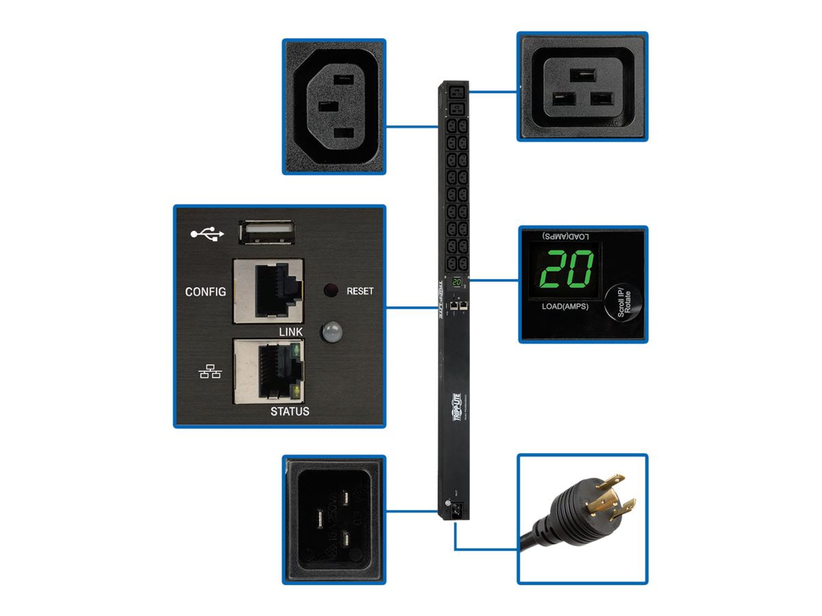 Tripp Lite 3.3/3.7kW Single-Phase Monitored PDU, LX Platform Interface, 208/230V Outlets (18 C13/2 C19), C20/L6-20P, 0U